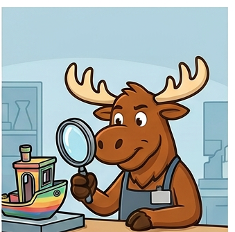 The Layered Moose examining a part